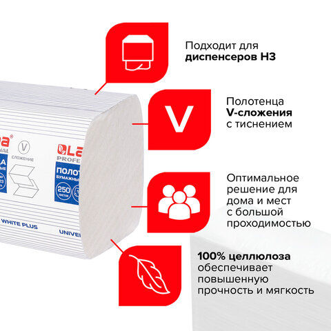 Полотенца бумажные 250 шт. LAIMA (Система H3)UNIVERSAL WHITE PLUS1-слойныебелыеКОМПЛЕКТ 15 пачек23×23V-сложение111343