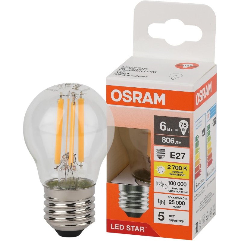 Лампа светодиодная OSRAM LSCLP75 6W/827 230VFILCL E27 FS1