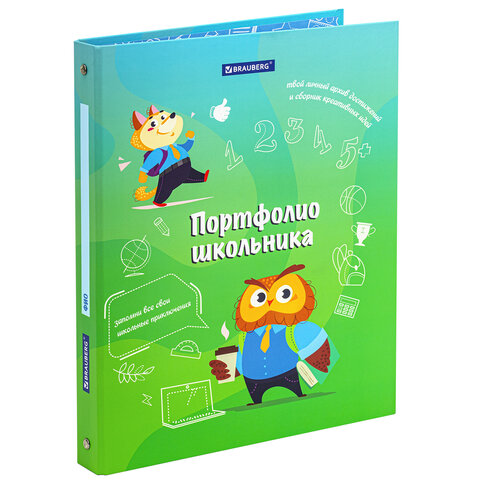 Папка-портфолио школьника «ОТЛИЧНИК», 4 кольца, 20 файлов, 10 вкладышей, 7БЦ матовая, BRAUBERG