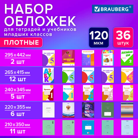 Обложки ПВХ для тетрадей и учебников младших классов, НАБОР 36 шт., ПЛОТНЫЕ, 120 мкм, универсальные, прозрачные, BRAUBERG