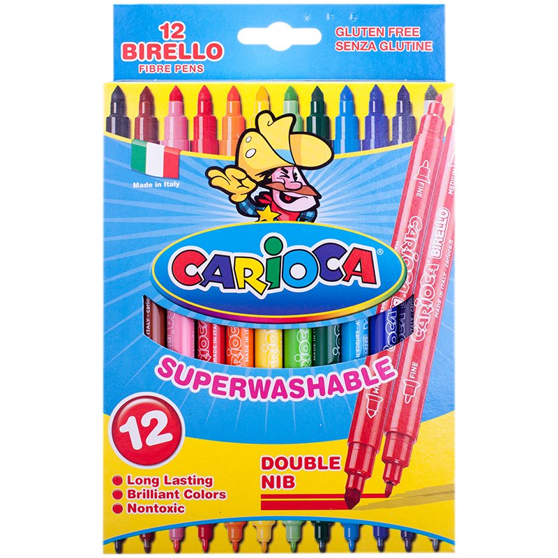 Фломастеры двусторонние Carioca «Birello», 12цв., 12шт., смываемые, картон, европодвес