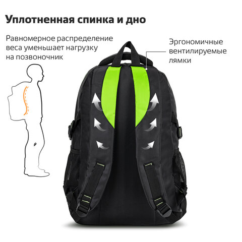 Рюкзак BRAUBERG TITANIUM универсальный, черный, салатовые вставки, 45×28х18см