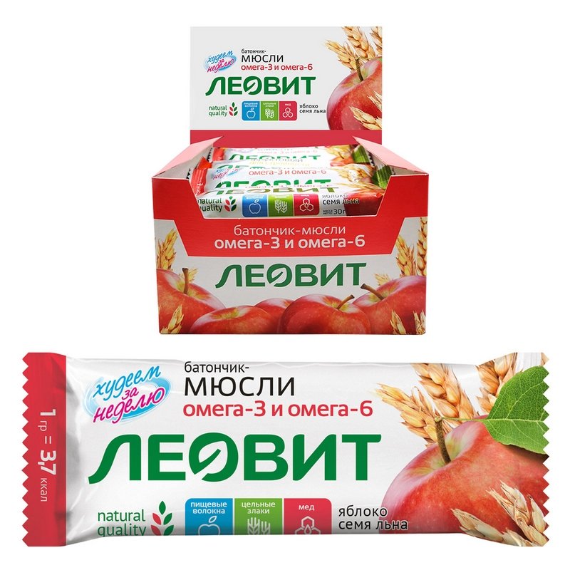 превью Батончик мюсли Леовит с яблоком и семенем льна, 26штx30г