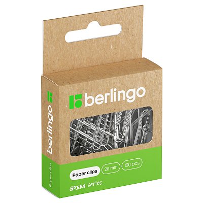 Скрепки 28мм, Berlingo «Green Series», 100шт, никелированные, крафт упак., европодвес