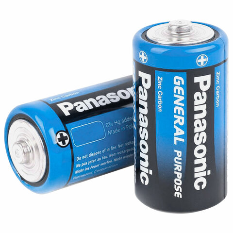 превью Батарейки КОМПЛЕКТ 2шт., PANASONIC D R20 (373), солевые, в пленке, 1.5 В