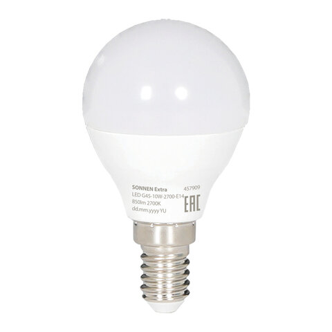 Лампа светодиодная SONNEN EXTRA, 10 (85) Вт, E14, шар, теплый белый, 30000 ч, LED G45-10W-2700-Е14