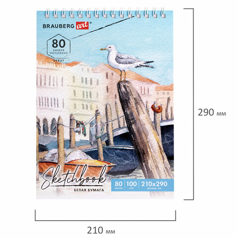 Скетчбук, белая бумага 100 г/м2 200×290 мм, 80 л., гребень, твердая обложка, BRAUBERG ART DEBUT