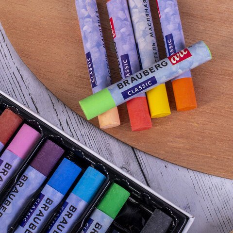 Пастель масляная художественная BRAUBERG ART «CLASSIC», УТОЛЩЕННАЯ, 12 цветов, круглое сечение