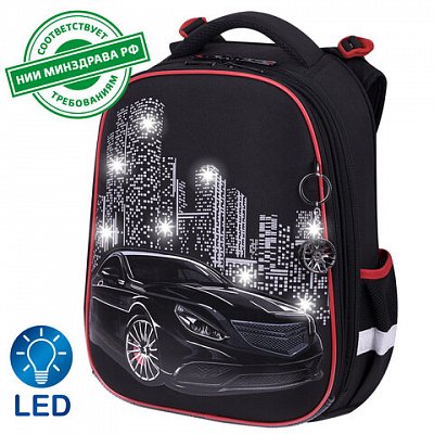 Ранец BRAUBERG PREMIUM, 2 отделения, с брелком, «City car», LED ЛАМПОЧКИ, 38×29х16 см