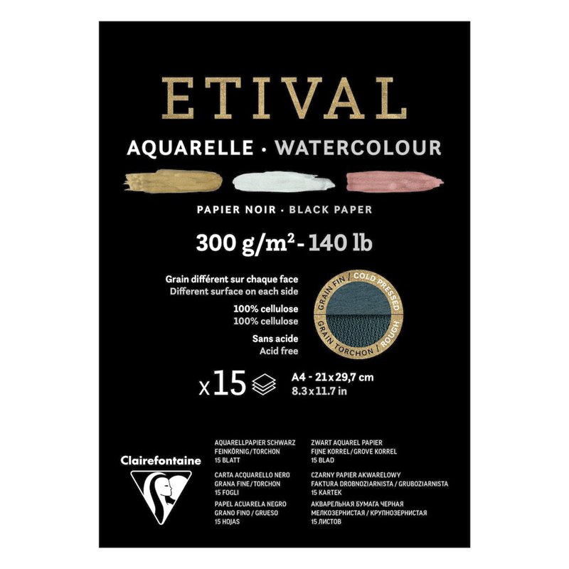 превью Альбом для акварели 15л., А4, на склейке Clairefontaine «Etival», 300г/м2, торшон, холод. пресс., черн. 