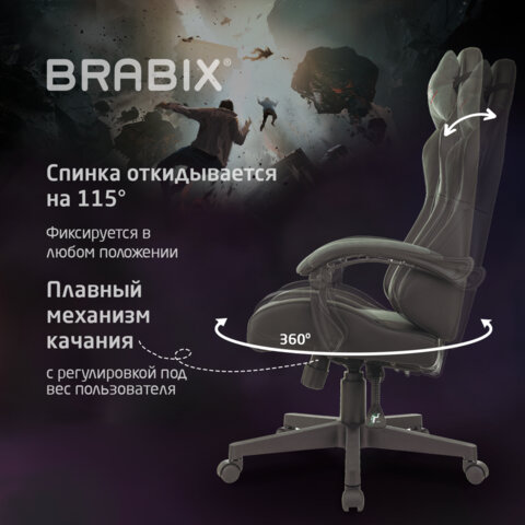 Кресло компьютерное BRABIX «Striker GM-121»синхромеханизм2 подушкиэкокожа/велюрчерное/серое532961