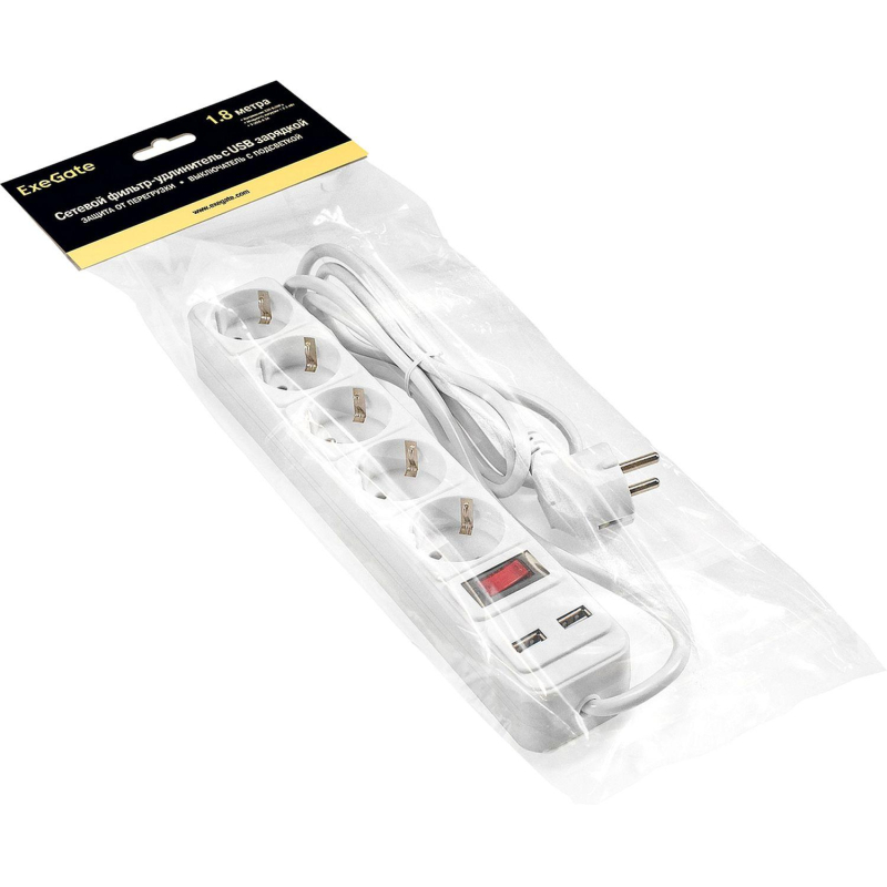 Сетевой фильтр ExeGate SP-5-USB-1.8W 5р/1.8м, 2 USB, белый(EX295491RUS)