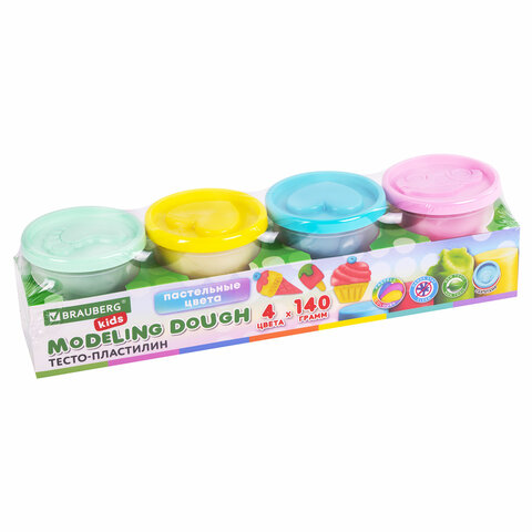 Пластилин-тесто для лепки BRAUBERG KIDS, 4 цвета, 560 г, пастельные цвета, крышки-штампики