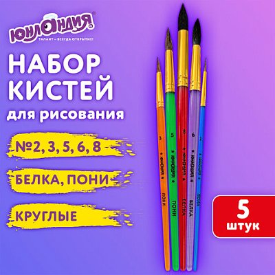 Кисти ПОНИ, БЕЛКА набор 5 шт. (пони круглые 2, 3, 5 белка круглые 6, 8) блистер, ЮНЛАНДИЯ