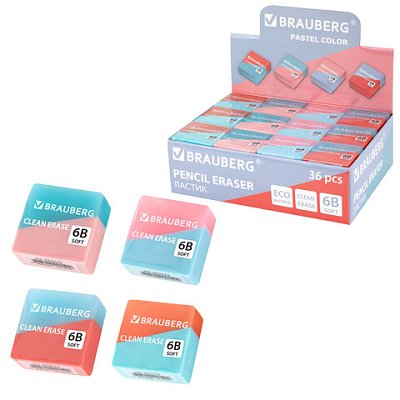 Ластик BRAUBERG «PASTEL COLOR DUO», 34×34х14 мм, квадратный, экологичный ПВХ, ассорти