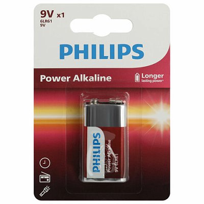 Батарейка алкалиновая 1 шт. PHILIPS Power Alkaline, Крона 9V (6LR61, 6LF22, 1604A), блистер