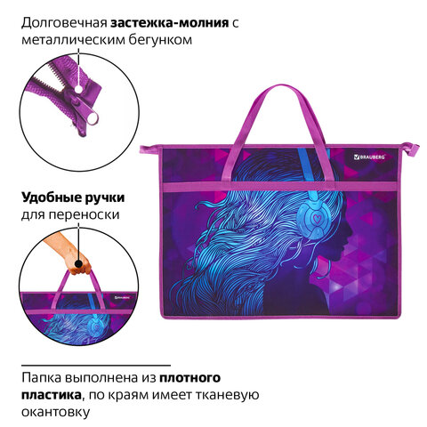 Папка для рисунков и чертежей с ручками BRAUBERG А3, пластик, молния сверху, «Melody»