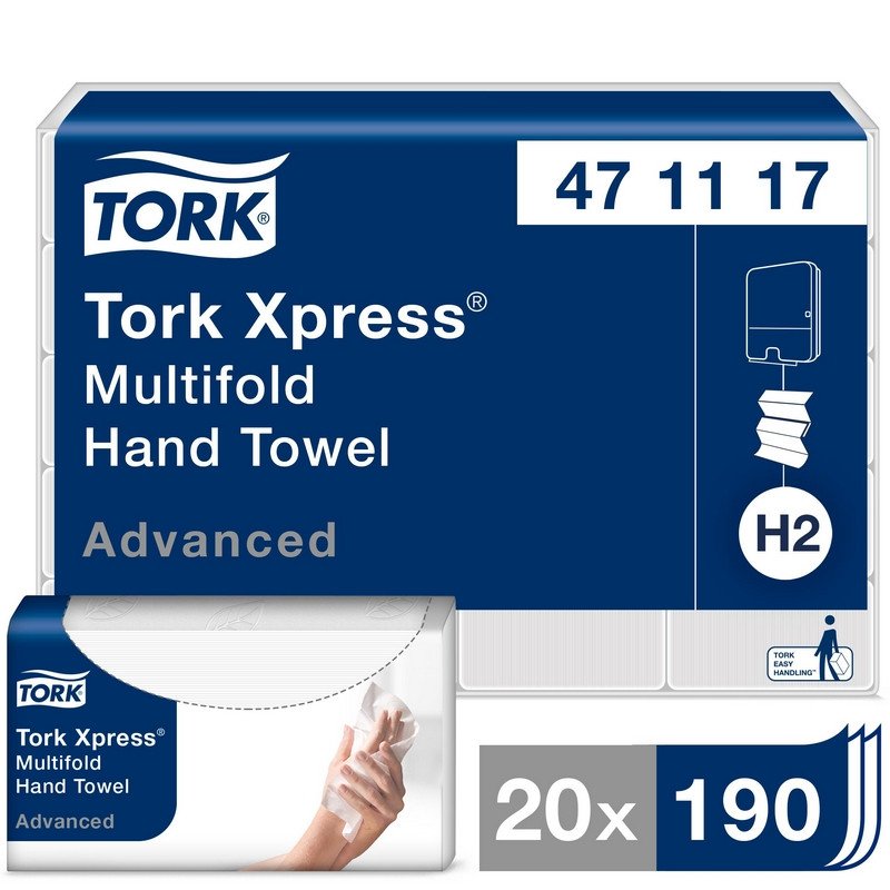 превью Полотенца бумажные листовые Tork Xpress Advanced Н2 Z-сложения 2-слойные 20 пачек по 190 листов (артикул производителя 471117)