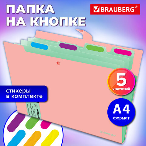 Папка-органайзер на кнопке 5 отделений, BRAUBERG «Extra», А4, персиковая с мятным