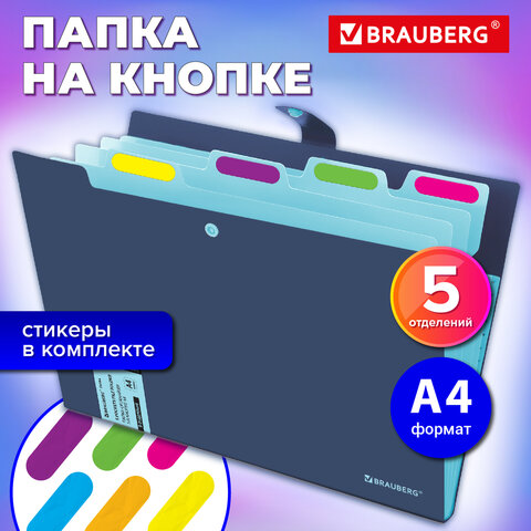 Папка-органайзер на кнопке 5 отделений, BRAUBERG «Extra», А4, синяя с голубым