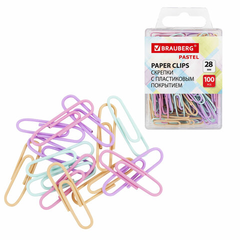 Скрепки BRAUBERG PASTEL28 ммпастельные цвета100 шт. в пластиковой коробке271956