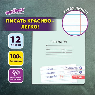 Тетрадь УЧУСЬ ПИСАТЬ № 5 12 л. узкая линия, со справочным материалом, обложка картон, ЮНЛАНДИЯ