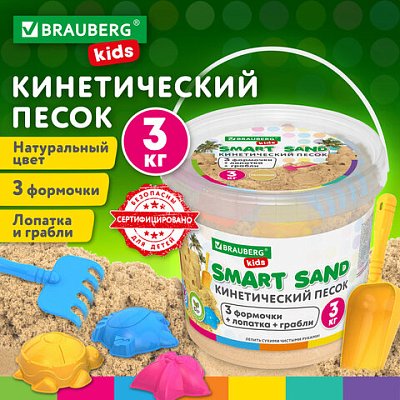 Песок для лепки кинетический песочный 3000 г, 3 формочки, лопатка, грабли, ведро, BRAUBERG KIDS
