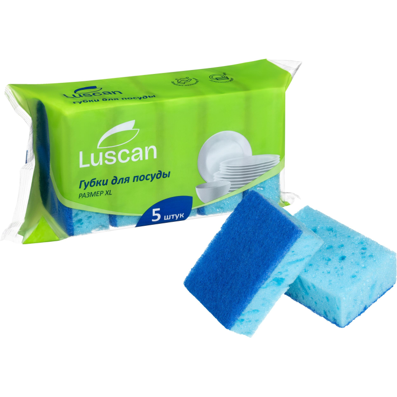 превью Губки для мытья посуды крупнопористые Luscan 100×70х35 мм 5шт/уп