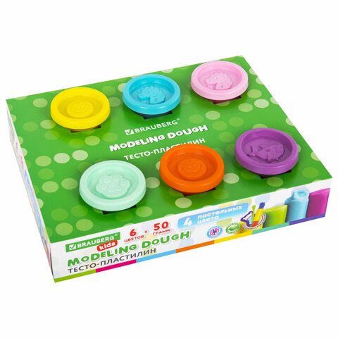 Пластилин-тесто для лепки BRAUBERG KIDS, 6 цветов, 300, 10 формочек, шприц, стек, крышки-штампики