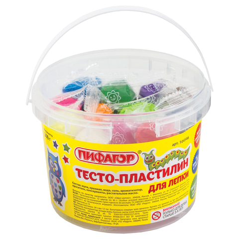 Пластилин на растительной основе (тесто для лепки) ПИФАГОР, 12 цветов, 360 г, пластиковое ведро