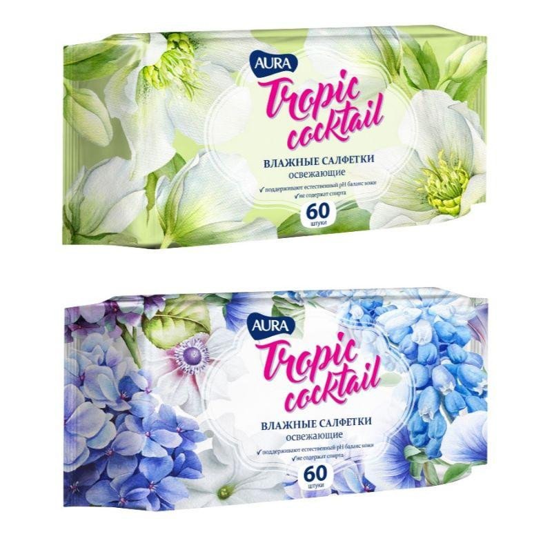 Влажные салфетки освежающие Aura Tropic Cocktail 60 штук в упаковке