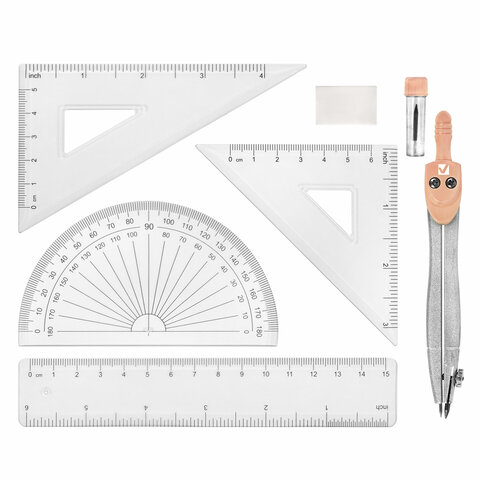 Готовальня BRAUBERG SCHOOL KIT, 8 предметов, циркуль 115 мм, чертежные принадлежности, персиковый цвет