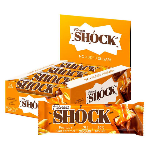 превью Батончик FITNESSHOCK арахис-соленая карамель, БЕЗ САХАРА, 12 шт. по 50 г в шоубоксе