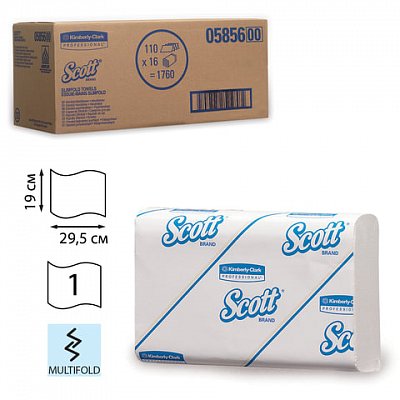 Полотенца бумажные 110 шт., KIMBERLY-CLARK Scott, комплект 16 шт., Slimfold, белые, 29.5×19 см, М-fold, диспенсер 601535, АРТ.5856