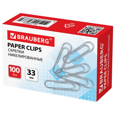 превью Скрепки BRAUBERG, 33 мм, никелированные, 100 шт., в картонной коробке