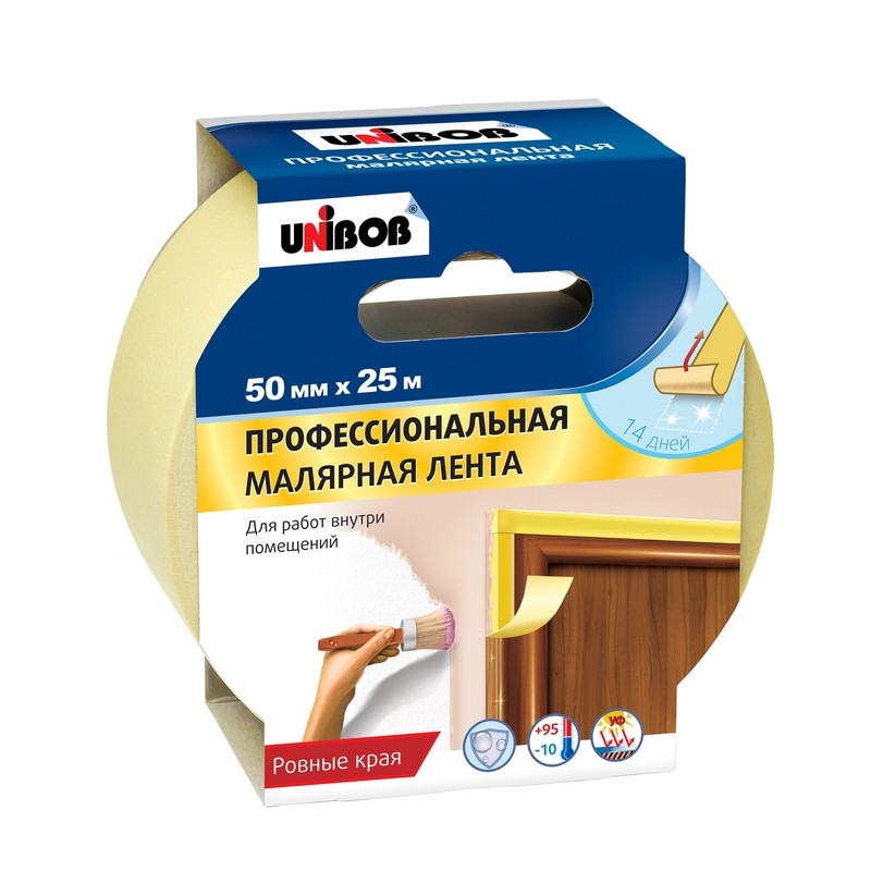превью Клейкая лента малярная для внутренних работ Unibob желтая 50 мм х 25 м (профессиональная)