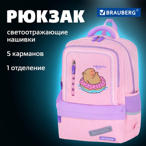Рюкзак BRAUBERG STAR, 1 отделение, 5 карманов, «Capybara», розовый, 40×29x13 см