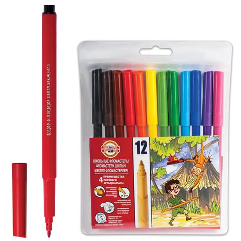 превью Фломастеры KOH-I-NOOR, 12 цв., школьные, смываемые, трехгранные, пластиковая упаковка, европодвес