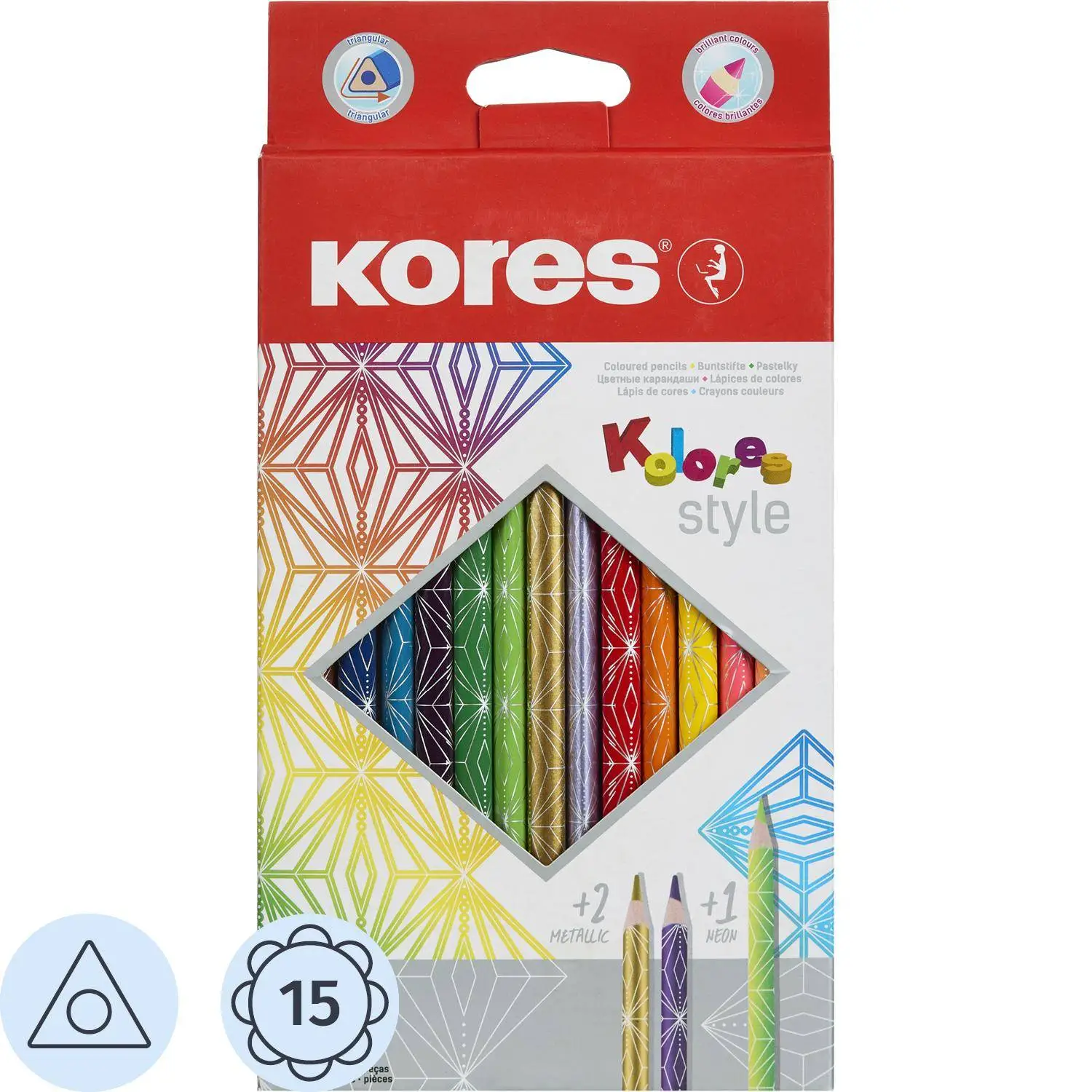 превью Карандаши цветные Kores Kolores Style 15 карандашей 15 цветов трёхгранные (металлические, неоновые)