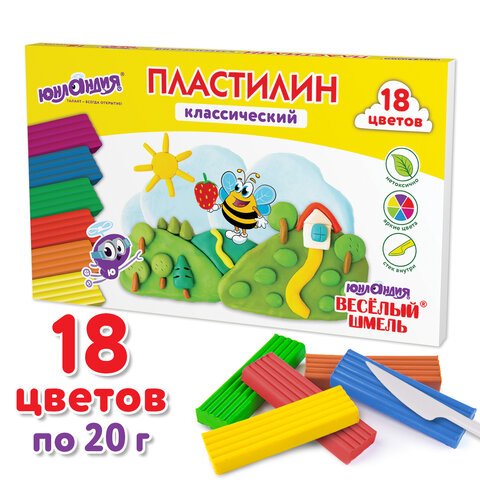 превью Пластилин классический ЮНЛАНДИЯ «ВЕСЁЛЫЙ ШМЕЛЬ»18 цветов360 граммстекВЫСШЕЕ КАЧЕСТВО106432