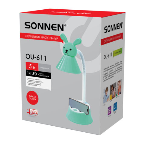 Настольная лампа-светильник SONNEN OU-611 на подставке, СВЕТОДИОДНАЯ, «SWEET BUNNY», 5 Вт, зеленый