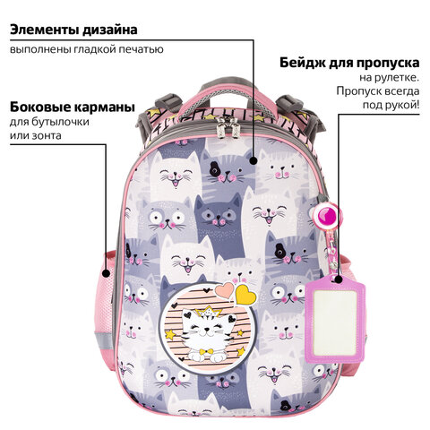 Ранец ЮНЛАНДИЯ EXTRA, с дополнительным объемом, «Gray kittens», 38×29x18 см