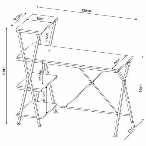 Стол на металлокаркасе BRABIX «LOFT CD-004», 1200×535х1110 мм, 3 полки, цвет морёный дуб