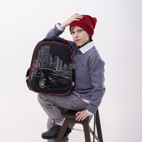 Ранец BRAUBERG PREMIUM, 2 отделения, с брелком, «City car», LED ЛАМПОЧКИ, 38×29х16 см