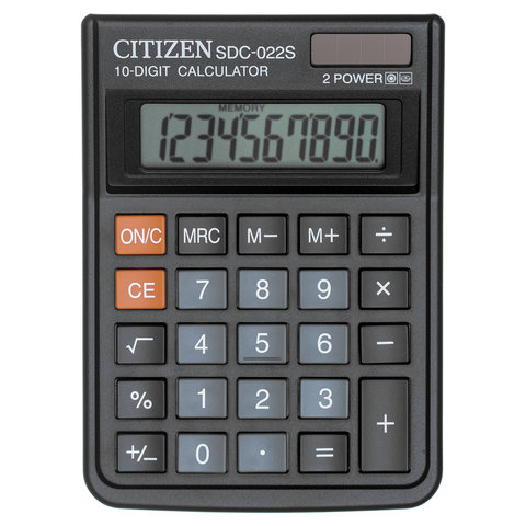 Калькулятор настольный CITIZEN SDC-022S, КОМПАКТНЫЙ (120×87 мм), 10 разрядов, двойное питание