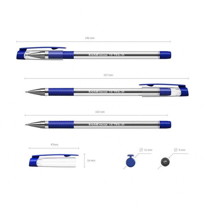 Ручка шариковая масляная ERICH KRAUSE «Ultra L-30», корпус прозрачный, 0.7 мм, синяя