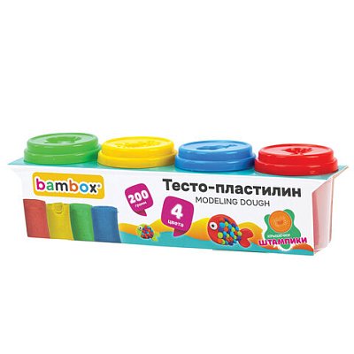 Тесто-пластилин для лепки СУПЕР ПЛАСТИЧНОЕ, 4 цвета, 200 г, крышки-штампики, BAMBOX (БАМБОКС)