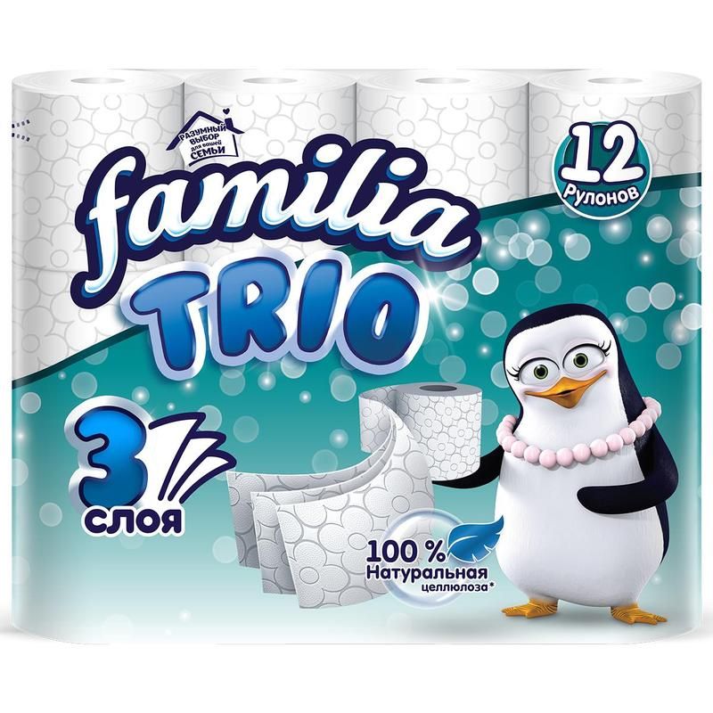 превью Бумага туалетная Familia Trio 3-слойная белая 16.7 метров (12 рулонов в упаковке)