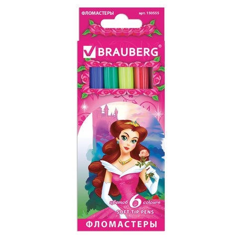 превью Фломастеры BRAUBERG 6 цв., вент. колп, карт. упак., увелич. срок службы, с изобр. принцессы