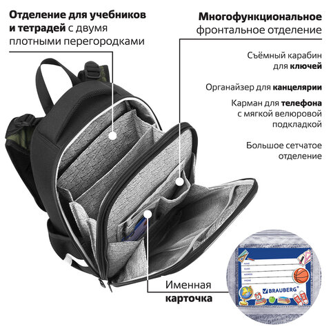 Ранец BRAUBERG PREMIUM, 2 отделения, с брелоком, «Dino attack», 3D-панель, 38×29х16 см